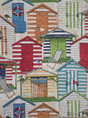 Coastal Beach Hut Print Fabric Remnant – Upholstery Weight Nautical DIY Material